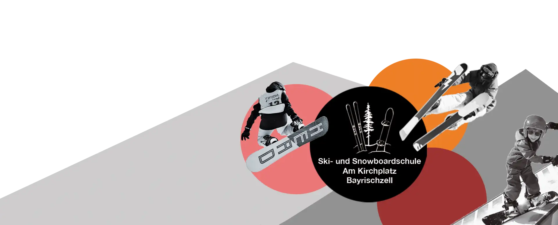 Grafik der Skischule und Snowboardschule Bayrischzell mit Skifahrern, Snowboardern und Logo „Am Kirchplatz Bayrischzell“.