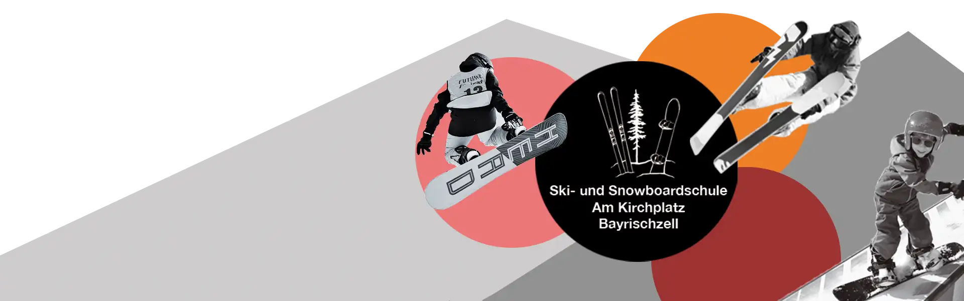 skischule_snowboarschule_barischzell-homeslide Grafik der Skischule und Snowboardschule Bayrischzell mit Skifahrern, Snowboardern und Logo „Am Kirchplatz Bayrischzell“.